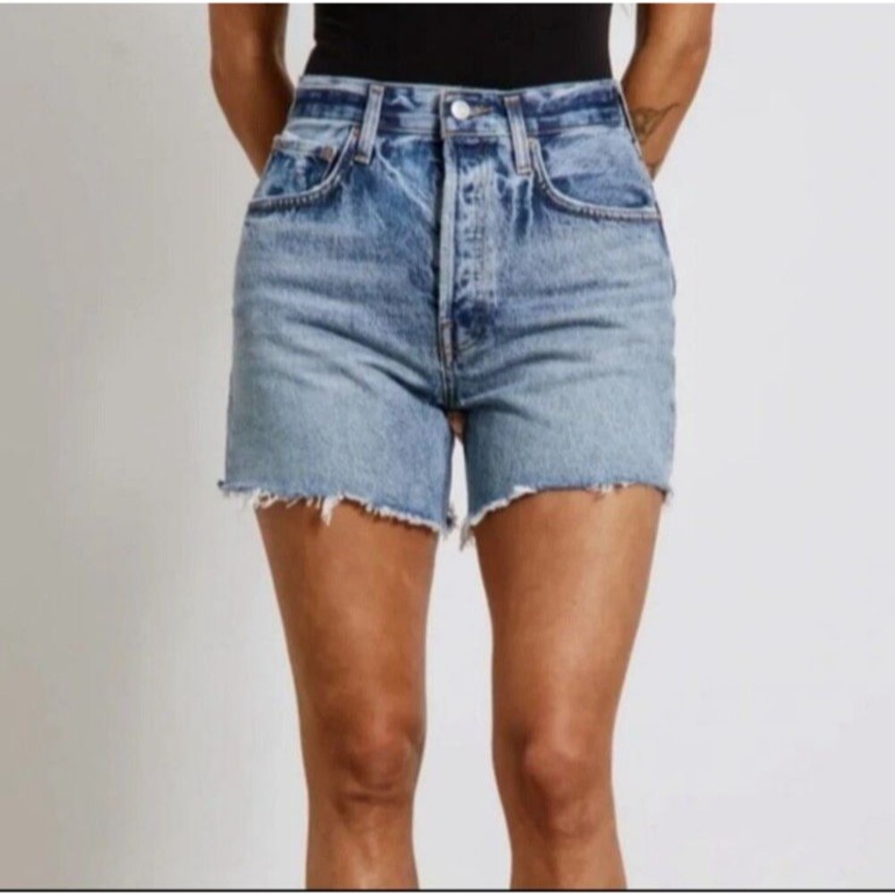 AGOLDE Blue Riley Organic Cotton High Rise Distressed Cut Off Denim Shorts 28
